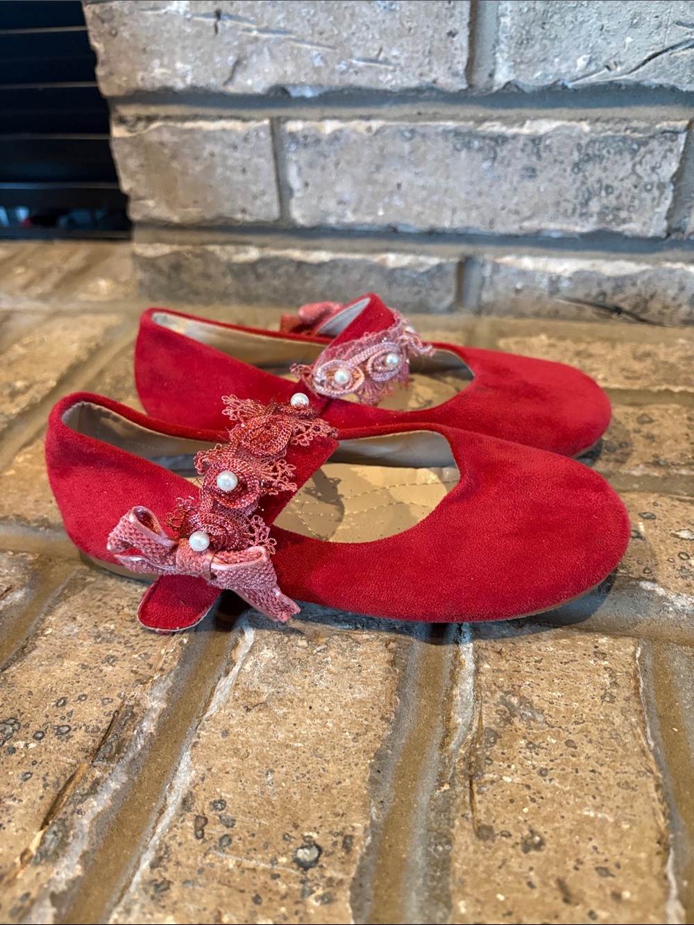 Red Suede Mary Jane Flats with Pearl-Embellished Lace Strap